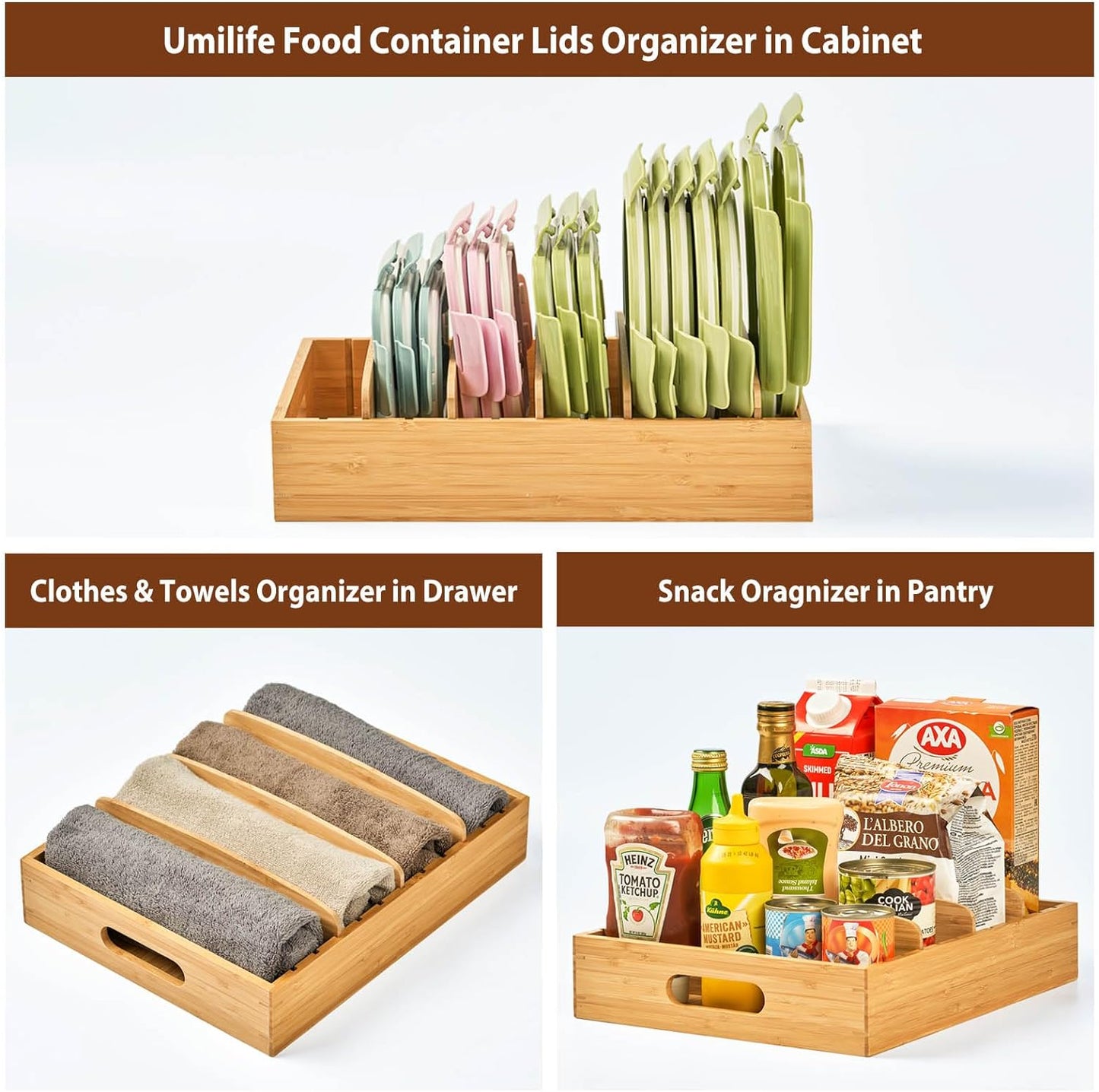 Kitchen Cabinet Organizer for Food Storage Container Lids, with Adjustable Dividers, Bamboo Drawer Caddy, Box for Kitchen Storage and Organization