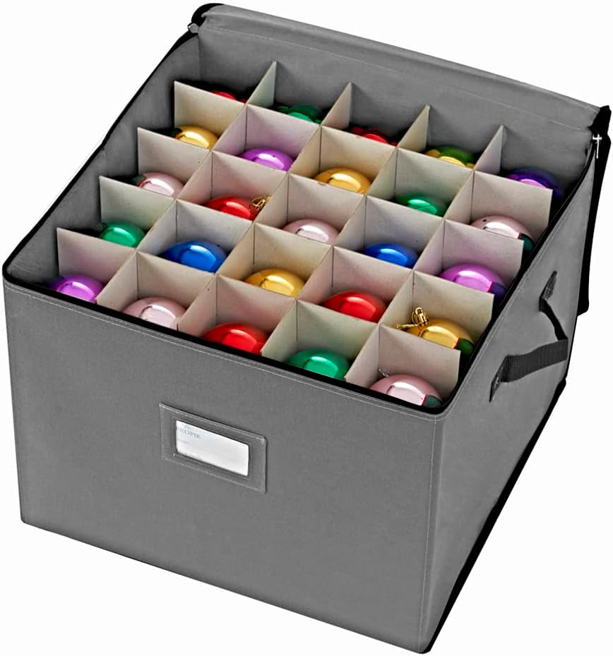 Holiday Ornament Storage Box Organizer Chest, with 3 Trays Holds up to 75 Ornaments Balls, with Dividers to Organize (Grey)