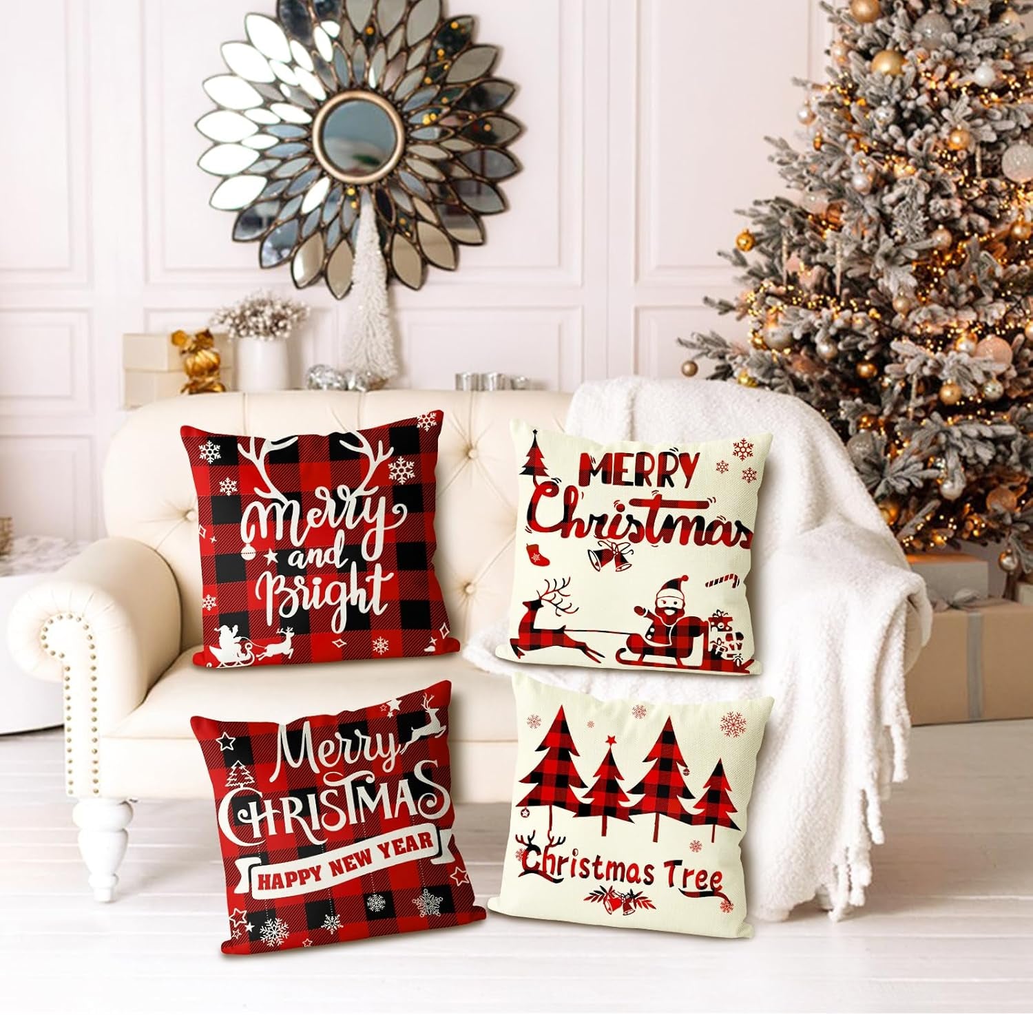 Christmas Decorations, Christmas Decor Christmas Pillow Covers 18X18 Set of 4 Red Black Buffalo Check Plaid Christmas Decorations Clearance Indoor Outdoor Xmas Throw Pillow Cases for Sofa Couch