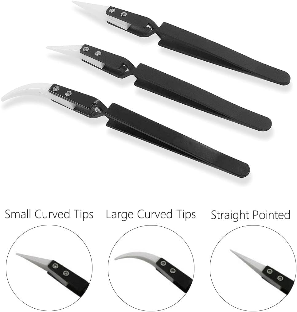 3PCS Ceramic Tweezers Precision Reverse Stainless Steel Anti-Static Heat-Resistant Conductive Cross Lock Electronics Tweezers Set Straight Curved Tip Soldering Tool