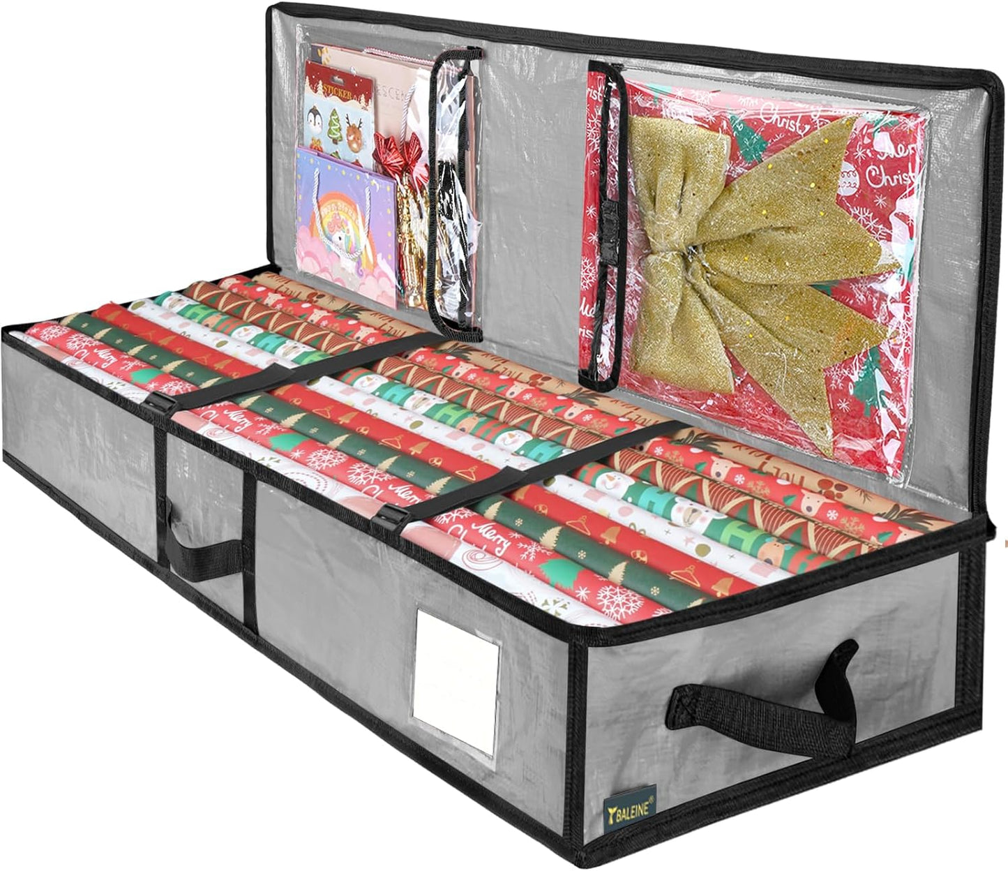 SOFT Christmas Wrapping Paper Storage Bag, 40" Durable PE Gift Wrap Storage Bag with Flexible Partitions and Pockets for Ribbon, Accessories (Grey)