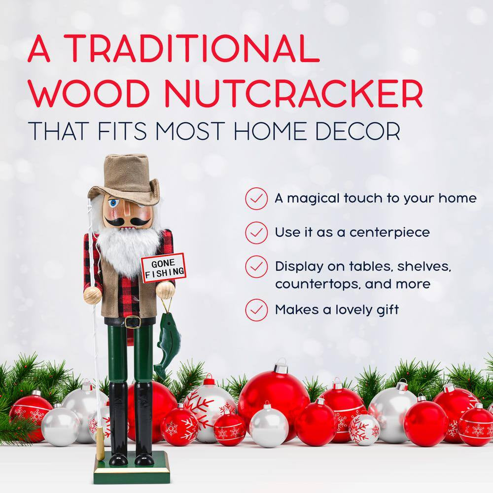 15 In. Wooden Christmas Fisher Man Nutcracker - Red and Green Fisherman Nutcracker with Fishing Rod and Fish in Hand