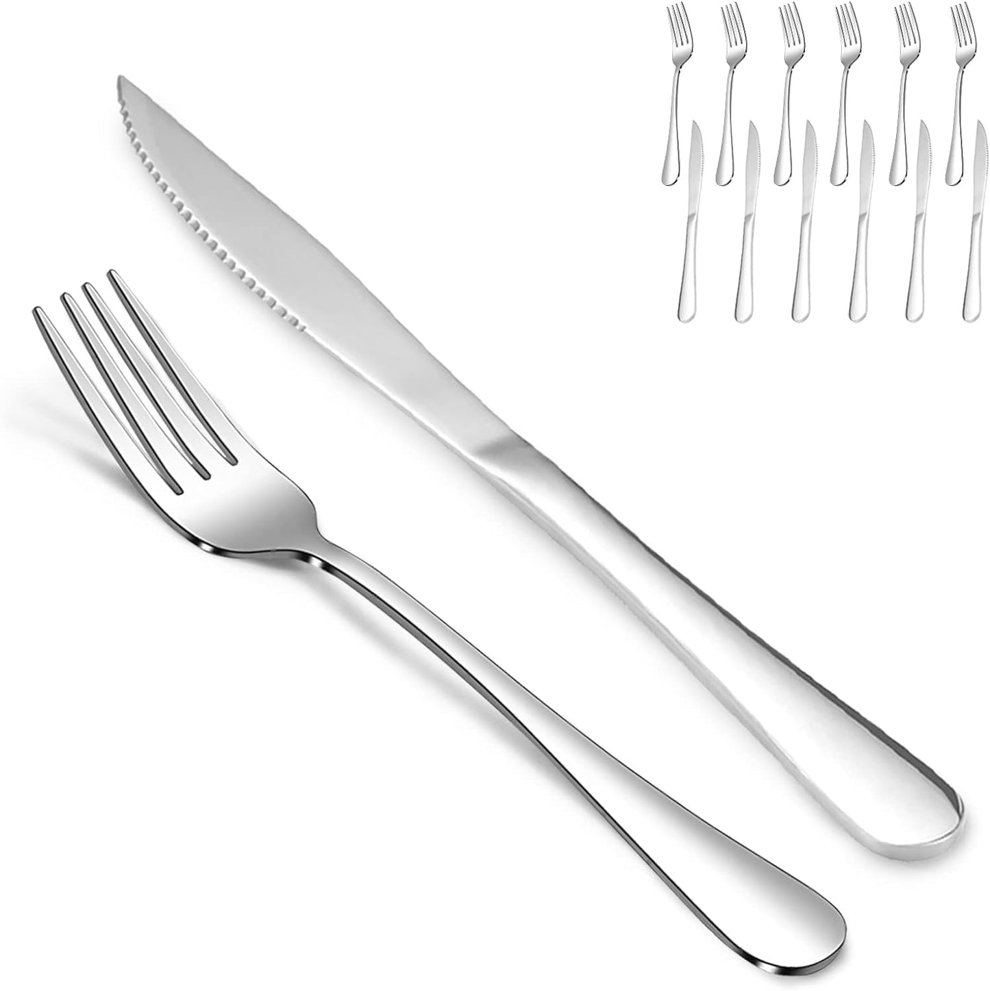 12 Pcs Silverware Set with 6 Steak Knives and 6 Dinner Forks,Flatware Set with Top Food Grade Stainless Steel,Tableware Cutlery Set for Home Restaurant Hotel, Mirror Finish, Dishwasher Safe