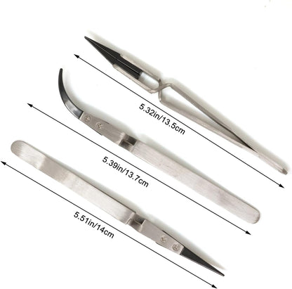 3Pack Precision Reverse Ceramic Tweezers Stainless Steel Ceramic Tweezers Three Types of Ceramic Tweezers Non-Conductive High Temperature Resistance