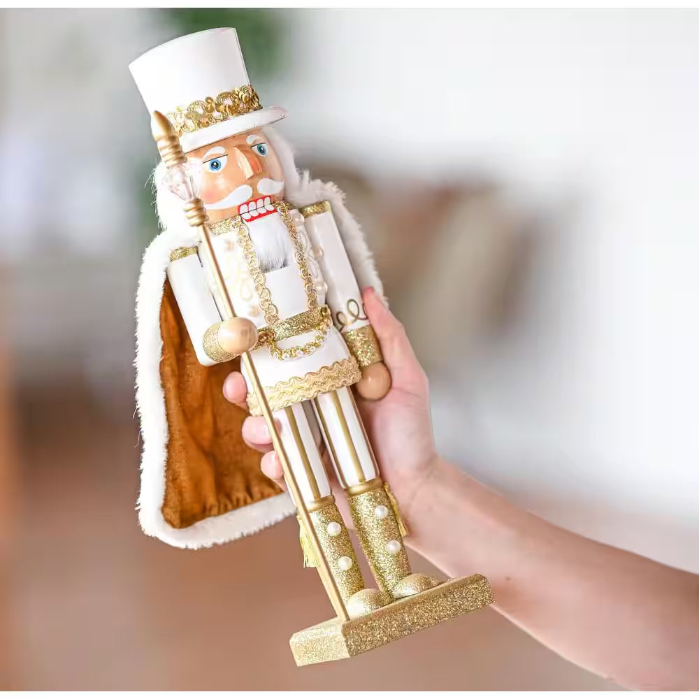 14 In. Wooden Christmas Gold King Nutcracker-Gold and White Glittered Nutcracker with Gold and White Fur Cape and Staff