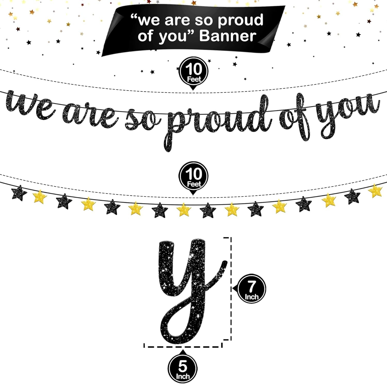 "Glitter 'We Are So Proud of You' Banner - 10 Feet | Elegant Congratulations Banner for Black and Gold Graduation Celebrations, Class of 2024"