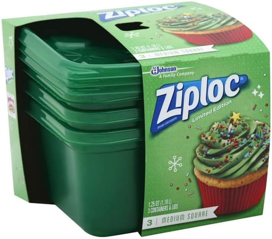 Ziploc Food Storage Meal Prep Containers Reusable for Kitchen Organization, Smart Snap Technology, Dishwasher Safe, Deep Square, 3 Count, Holiday Designs, Packaging May Vary