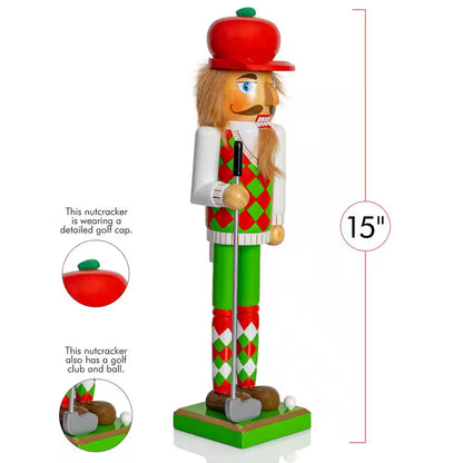 15 In. Wooden Golf Player Christmas Nutcracker-Red and Green Golfer with Club and Ball Holiday Nutcracker Figure Decor