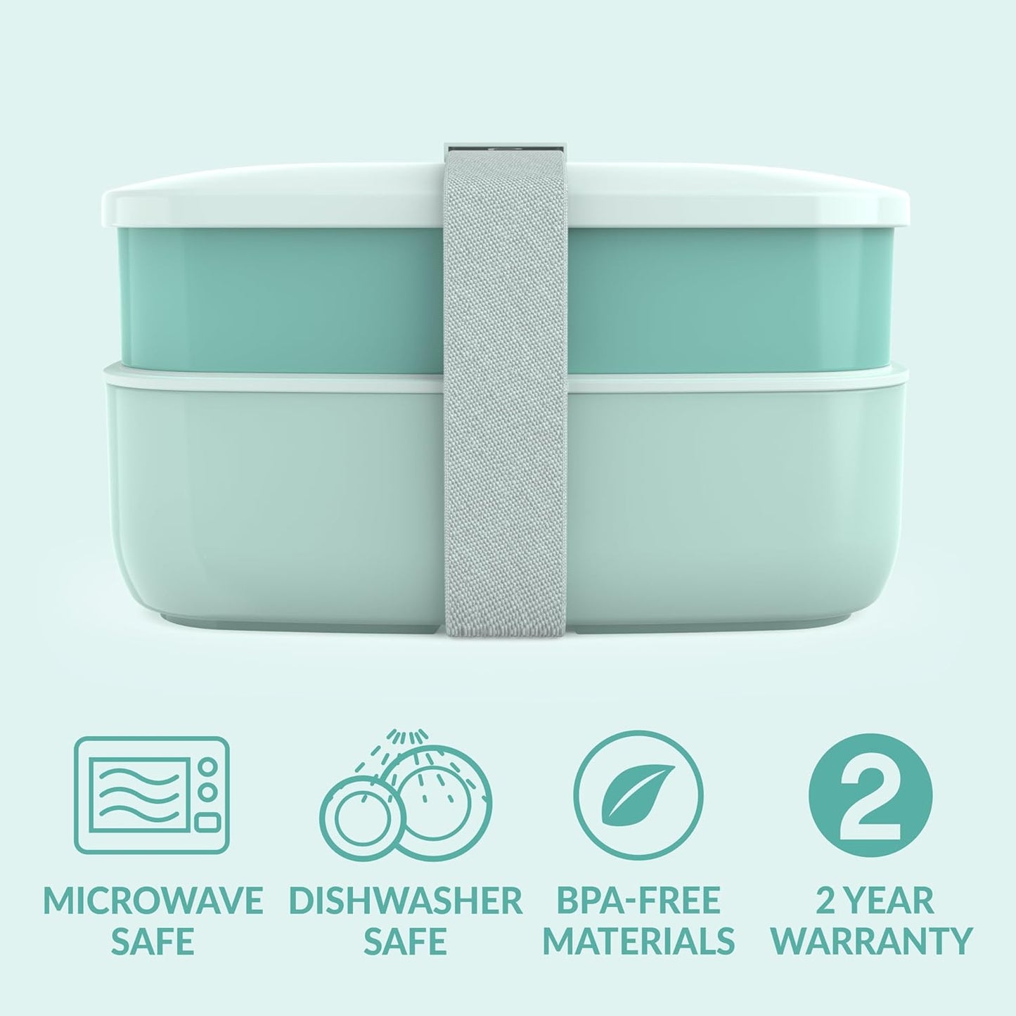 Classic - Adult Bento Box, All-In-One Stackable Lunch Box Container with 3 Compartments, Plastic Utensils, and Nylon Sealing Strap, BPA Free Food Container (Coastal Aqua)