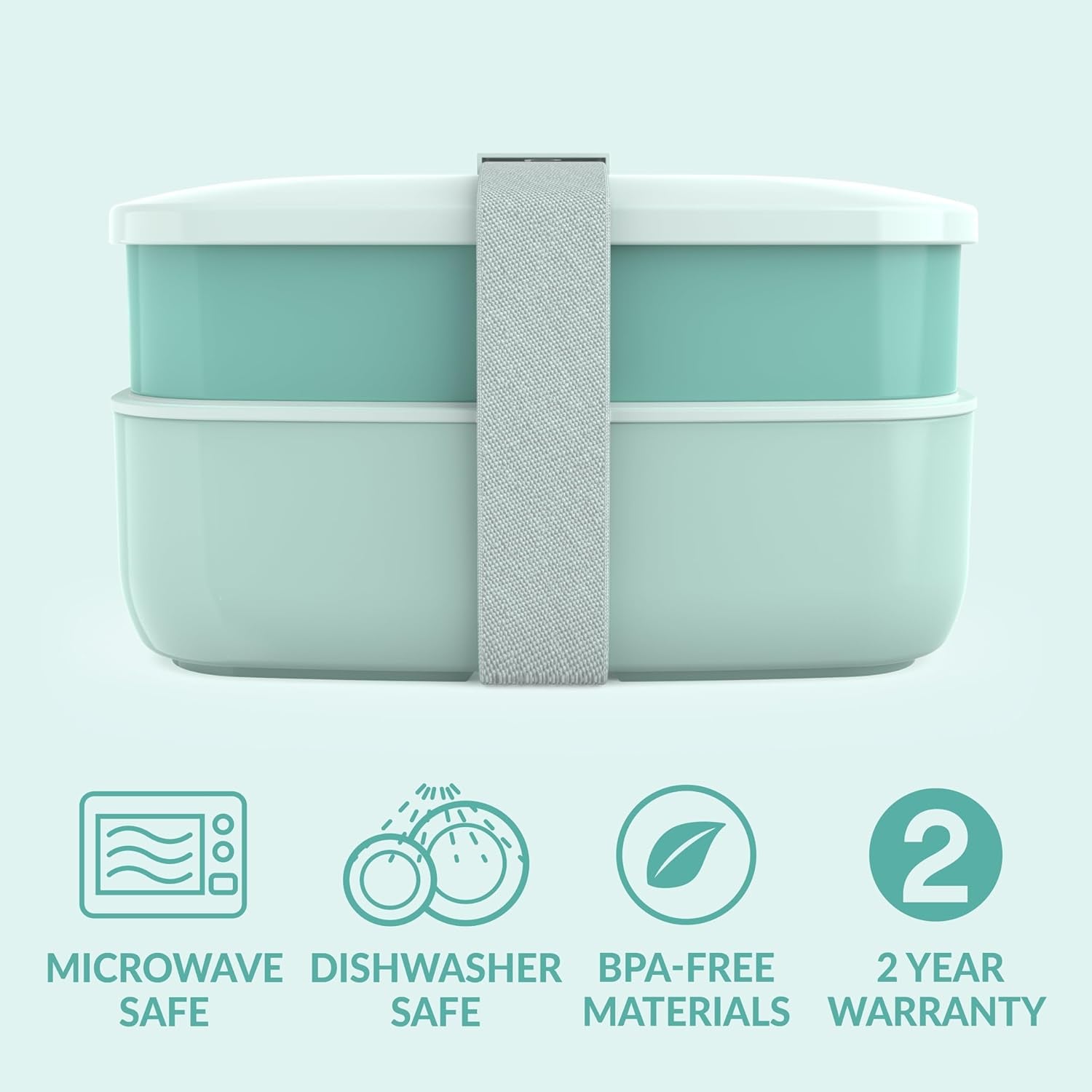 Classic - Adult Bento Box, All-In-One Stackable Lunch Box Container with 3 Compartments, Plastic Utensils, and Nylon Sealing Strap, BPA Free Food Container (Coastal Aqua)