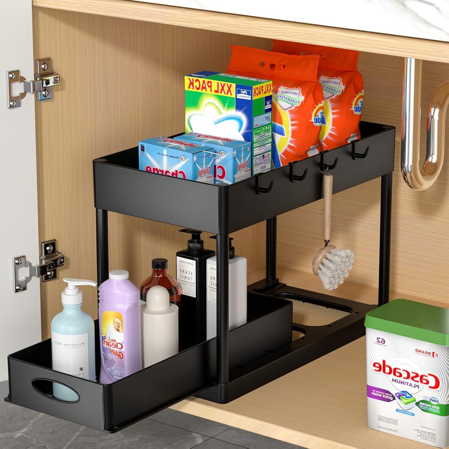 under Sliding Cabinet Basket Organizer, 2 Tier under Sink Organizers Black under Sink Storage for Bathroom Kitchen