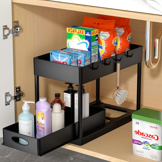 under Sliding Cabinet Basket Organizer, 2 Tier under Sink Organizers Black under Sink Storage for Bathroom Kitchen