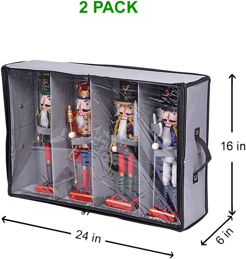 2 Pack Christmas Figures Storage Box | Each Holds 4 Holiday Figurines up to 16” | Adjustable Nutcracker Decor Ornament Storage Container | Xmas Decorations Accessories Boxes (Gray)