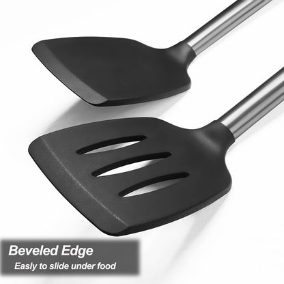 Professional Silicone Spatula Set - 2 Pack with Solid & Slotted Designs, Stainless Steel Handles, Non-Stick, Heat Resistant for Cooking Fish, Eggs, Pancakes, and Wok - Black