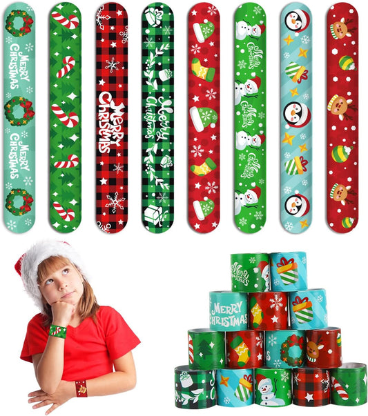 48Pcs Christmas Slap Bracelets，Xmas Slap Wristbands Assorted Christmas Theme Pattern Snap Wristbands for Kids Christmas Party Favors Gift Bag Filler