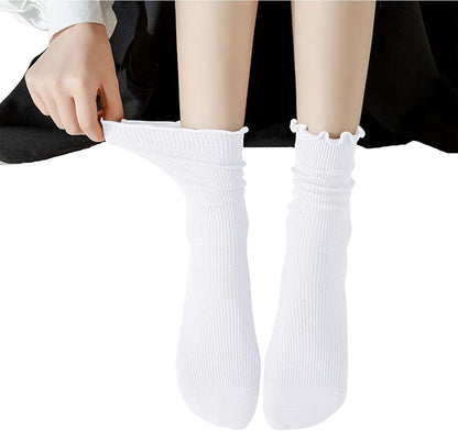 Womens Socks Cute Ruffle Socks Cotton Turn-Cuff Frilly Crew Socks Slouch Casual Socks for Women