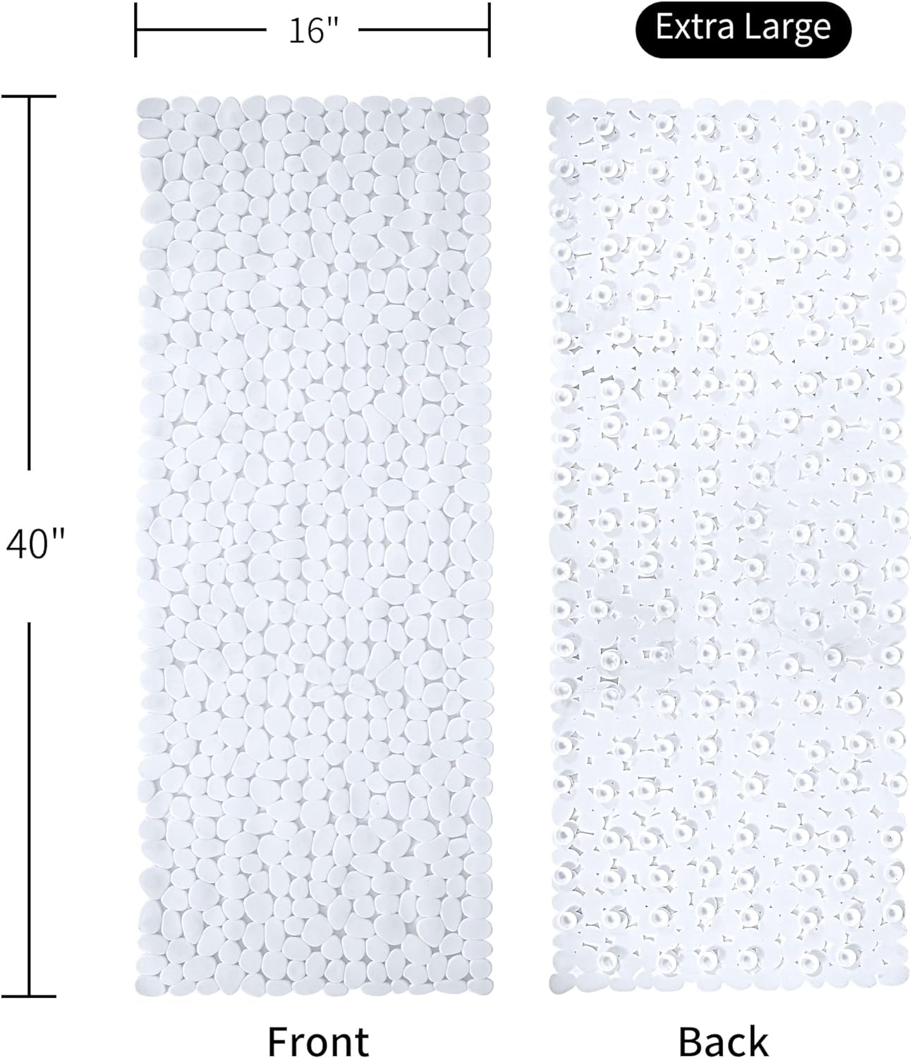 Extra Long Non-Slip Bathtub and Shower Mat - 16 x 40 Inches, White, with Suction Cups and Drainage Holes, Machine Washable