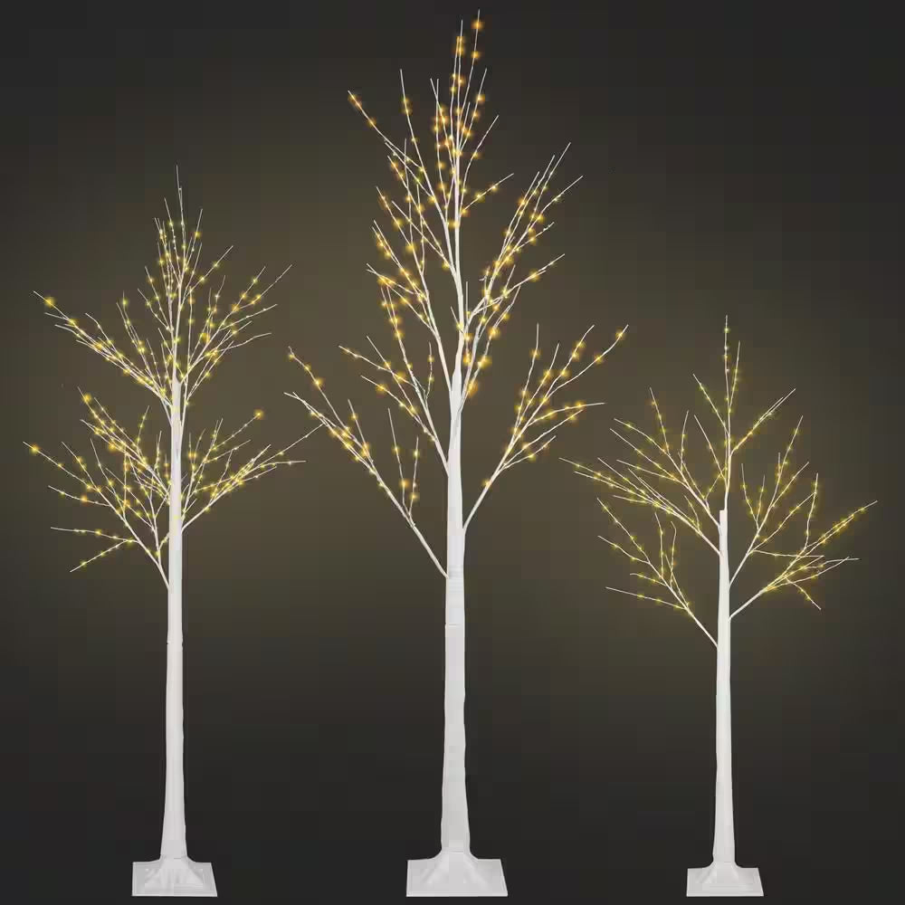 6/5/4 Ft. Indoor/Outdoor Pre-Lit Artificial Christmas Tree Birch Tree with LED Lights (1 Set Contains 3 Sizes)