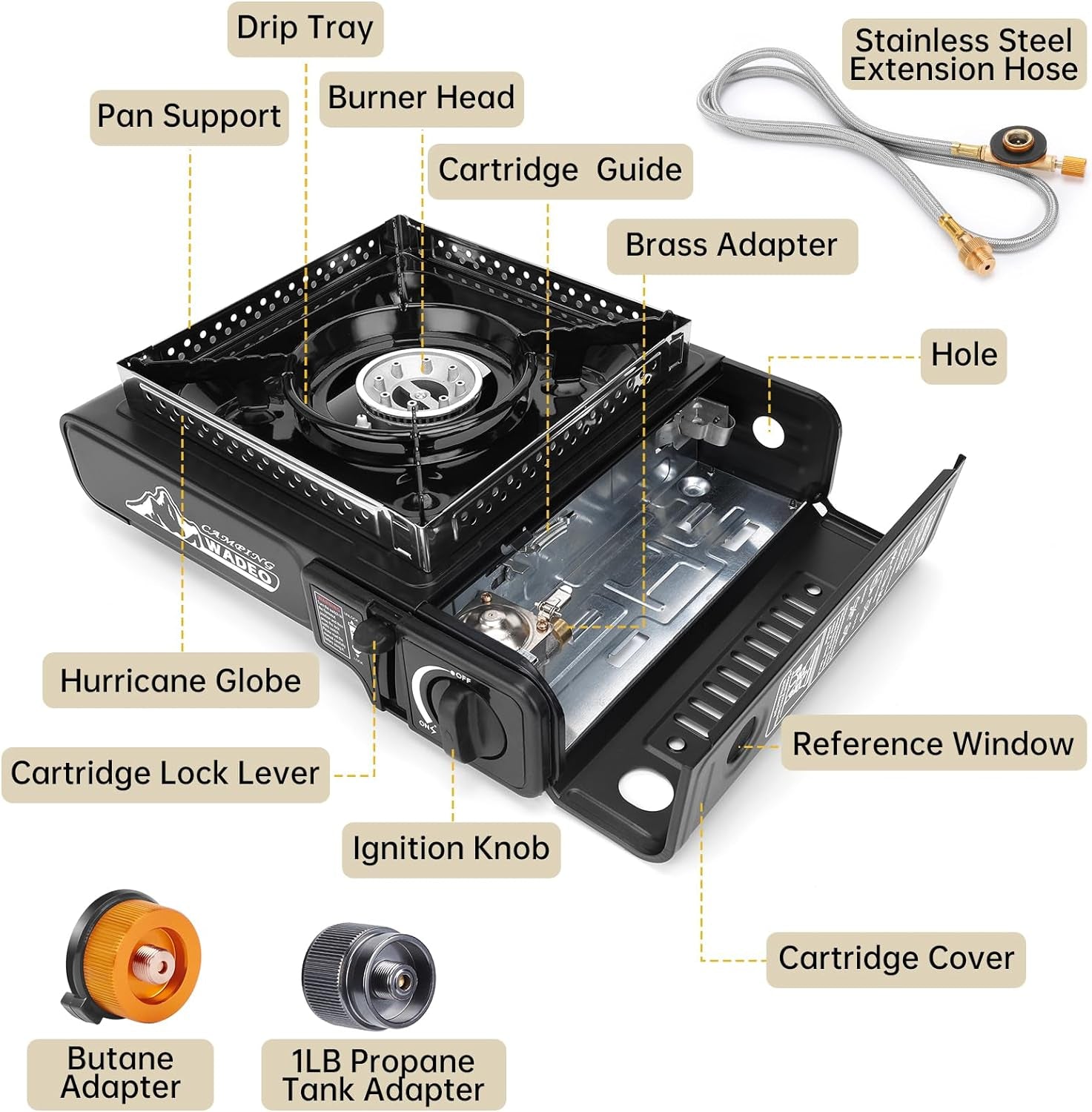 3-in-1 Portable Camping Stove with Propane & Butane Adapters, Stainless Steel Hose for BBQ, Outdoor Cooking, Travel & RV.