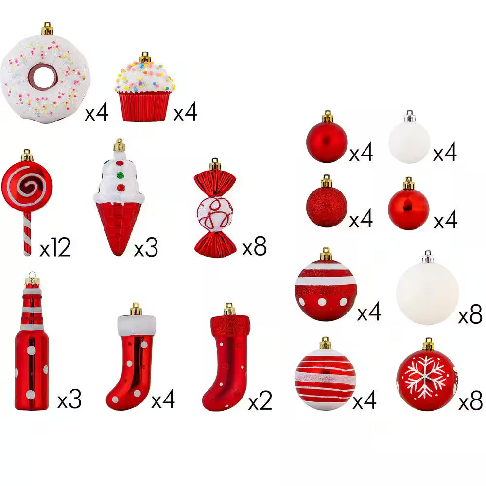 Candy Cane Ornament Set-Shatterproof Balls and Hanging Ornaments for Indoor/Outdoor Christmas Tree (82-Piece)