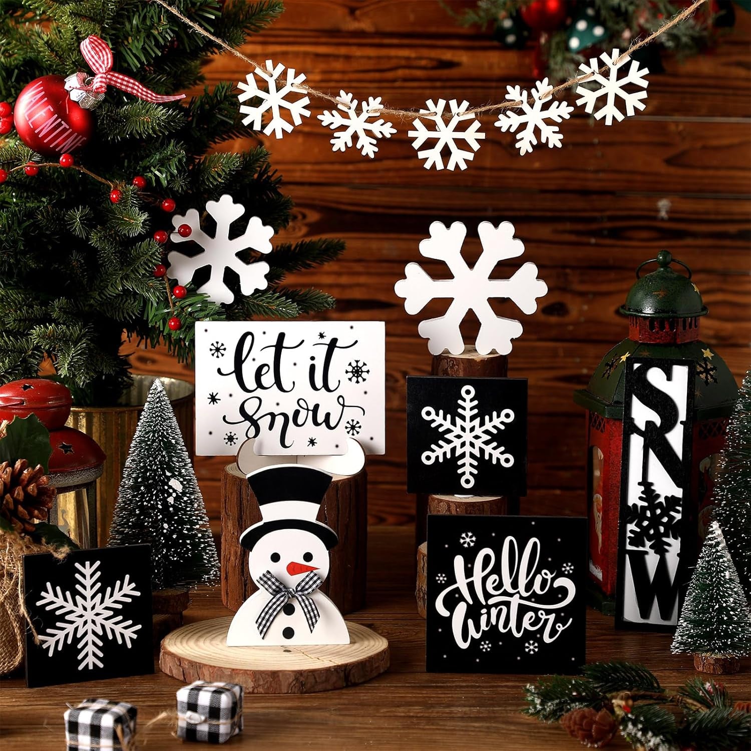 13 Pcs Christmas Tiered Tray Decor Winter Black and White Snowflake Table Wood Decor Snowman Wooden Sign Rustic Farmhouse Coffee Bar Signs Winter Tray Decor for Home Xmas Holiday Tabletop