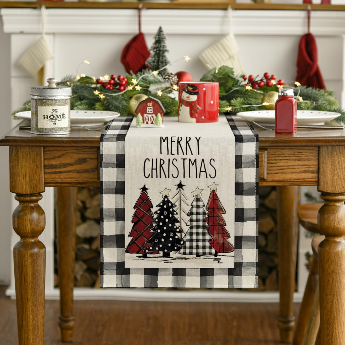 Waterclor Buffalo Plaid Christmas Trees Merry Xmas Table Runner, Seasonal Winter Holiday Kitchen Dining Table Decoration for Indoor Outdoor Home Party Decor 13 X 72 Inch