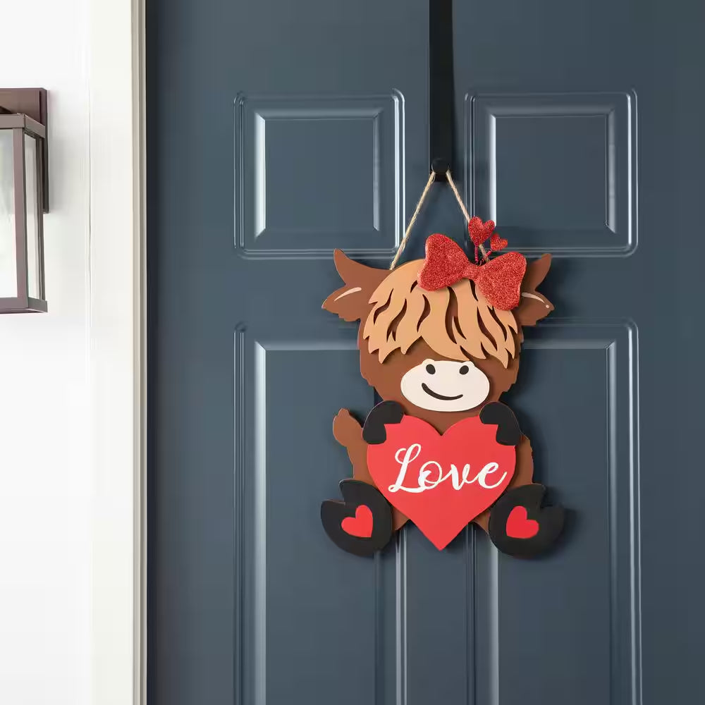 18 In. H Valentine'S Wooden Highland Cow with Heart Door Hanger