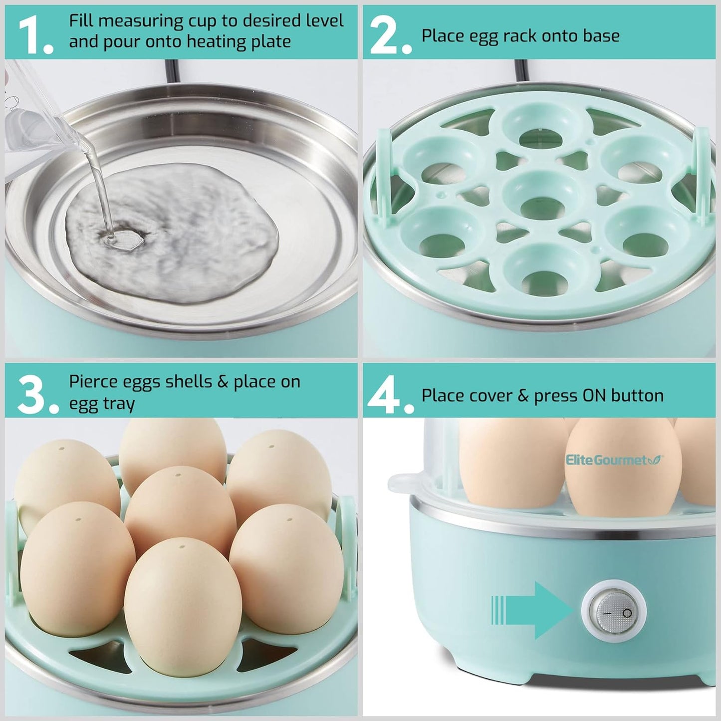 EGC115M Easy Egg Cooker Electric 7-Egg Capacity, Soft, Medium, Hard-Boiled Egg Cooker with Auto Shut-Off, Measuring Cup Included, BPA Free, Retro Mint