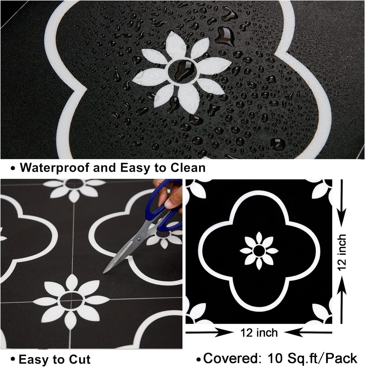 Vinyl Flooring Peel and Stick 12X12 Inch Self Adhesive Floor Tile Waterproof Non-Slip Removable Stickers Tile for DIY Installation of Kitchen Bedroom Backsplash Solid Black and White 10Pcs