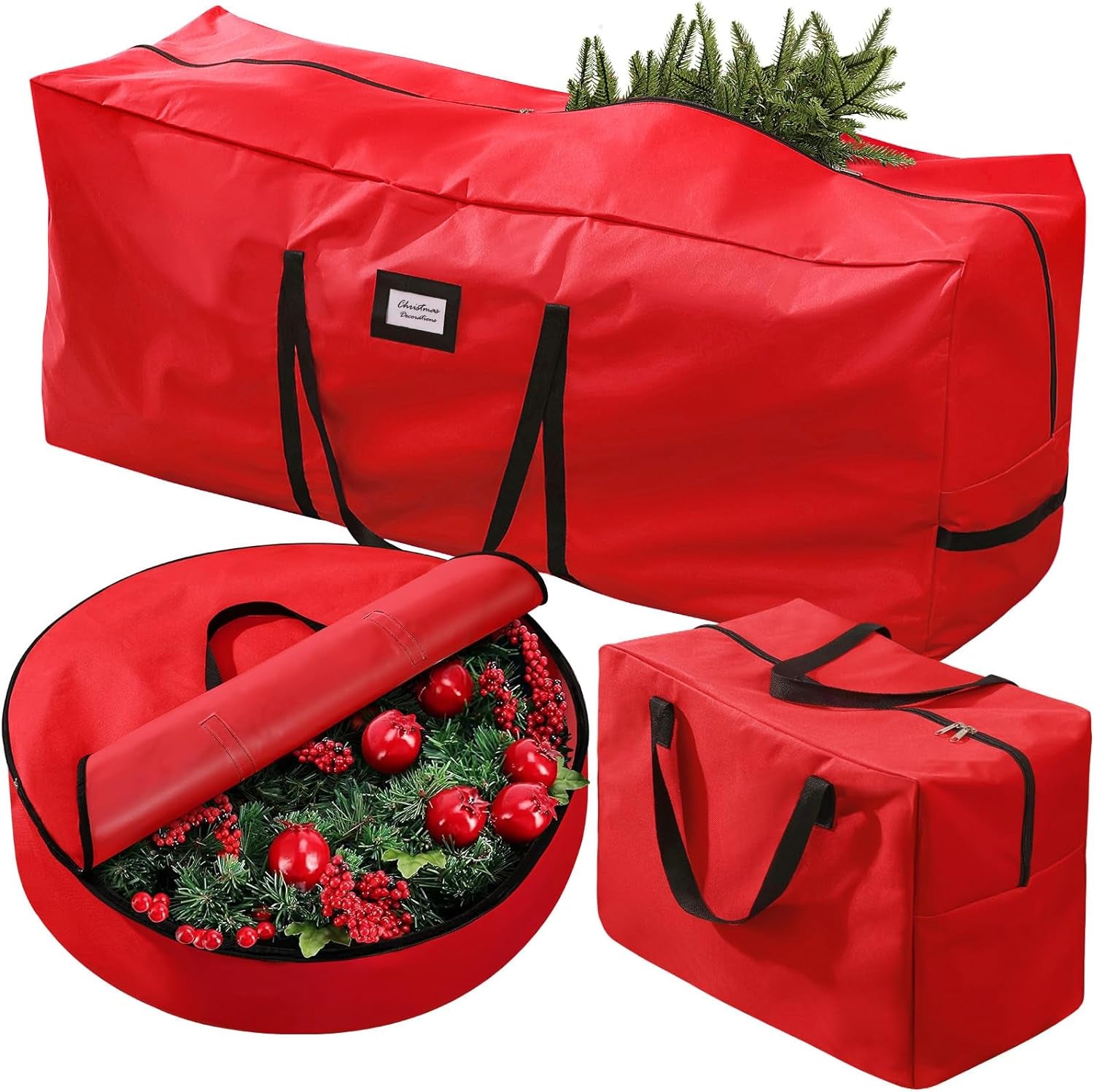 3 Pack Christmas Tree Storage Bag, for 7.5 Ft Artificial Trees Up, Durable Waterproof with Reinforced Carrying Handles, Xmas Holiday Garland Bag Storage Case (7.5 Ft, Red)