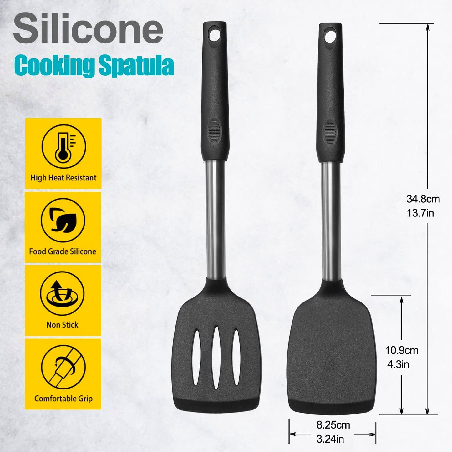 Professional Silicone Spatula Set - 2 Pack with Solid & Slotted Designs, Stainless Steel Handles, Non-Stick, Heat Resistant for Cooking Fish, Eggs, Pancakes, and Wok - Black