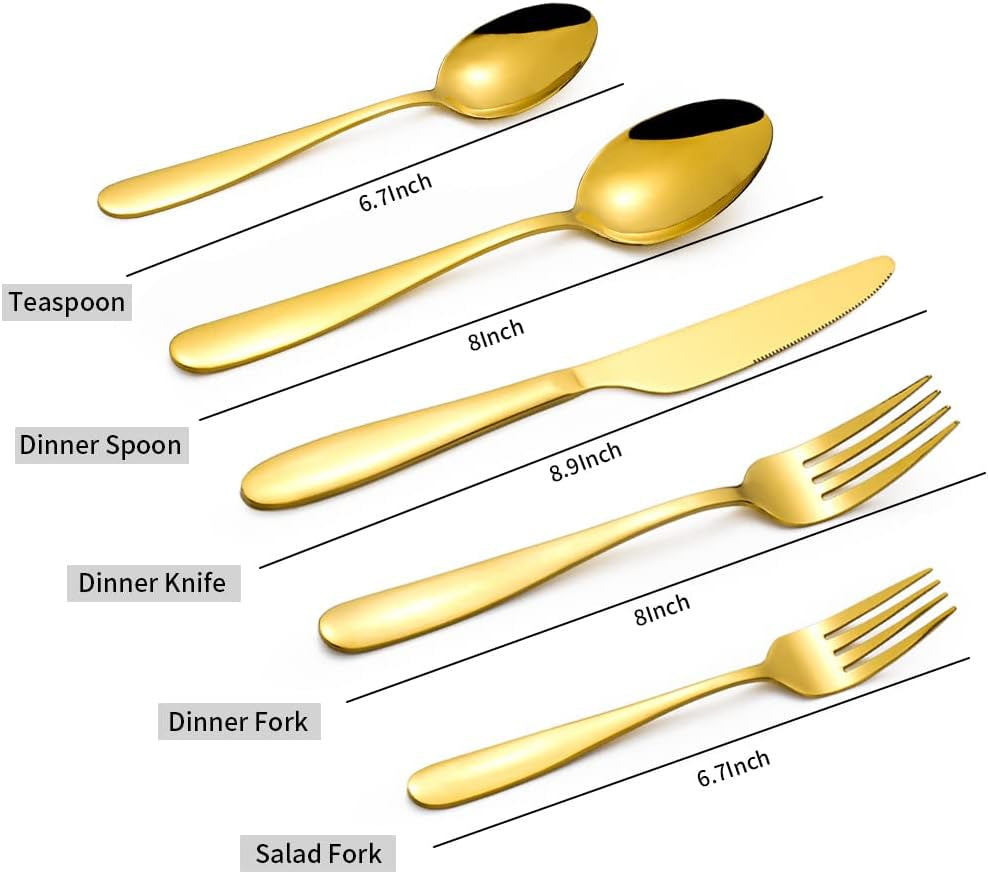 60-Piece Gold Silverware Set,  Stainless Steel Flatware Set for 12, Kitchen Utensils Cutlery with Titanium Golden Plated Include Spoons Forks Knives, Mirror Polished Dishwasher Safe