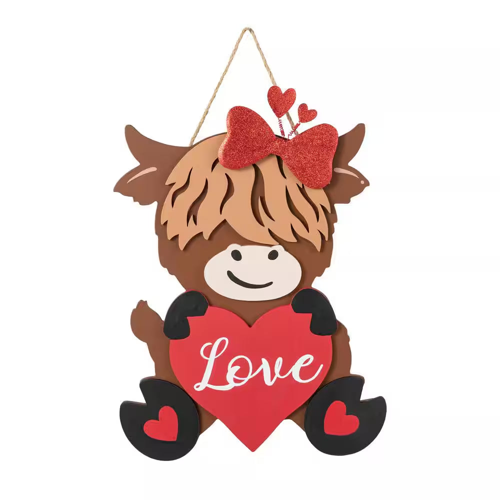 18 In. H Valentine'S Wooden Highland Cow with Heart Door Hanger