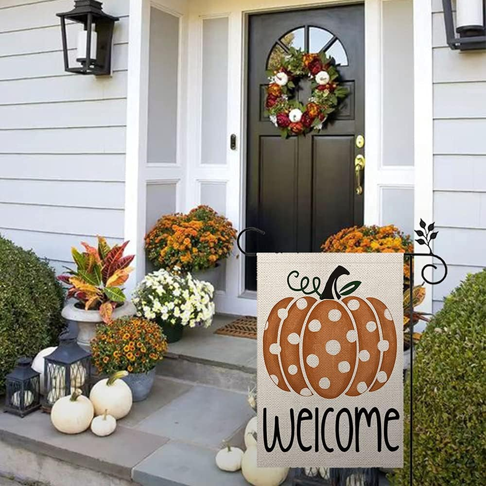 Fall Polka Dots Pumpkin Garden Flag 12×18 Inch for outside Double Sided Welcome Seasonal Holiday Thanksgiving Yard Decorations