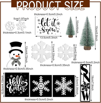 13 Pcs Christmas Tiered Tray Decor Winter Black and White Snowflake Table Wood Decor Snowman Wooden Sign Rustic Farmhouse Coffee Bar Signs Winter Tray Decor for Home Xmas Holiday Tabletop