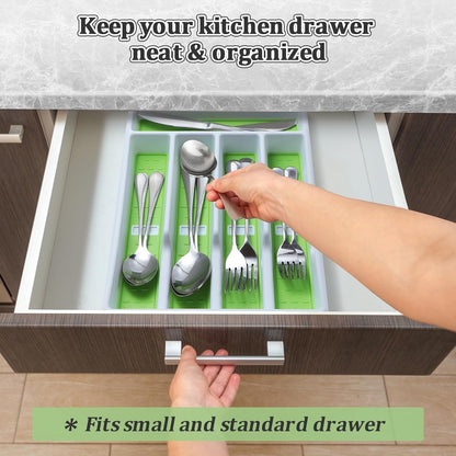 Silverware Organizer with Cutlery Icons，Silverware Tray for Kitchen Drawer，Plastic Flatware Tableware Silverware Drawer Organizer Utensil Organizer with Non-Slip TPR Linings，5-Compartment