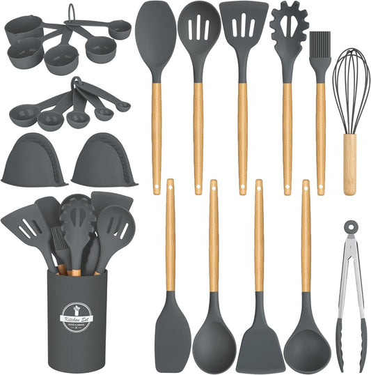 24-Piece Professional Kitchen Utensil Set - Heat Resistant Non-Stick Silicone with Wooden Handles and Holder, Essential Cookware Accessories