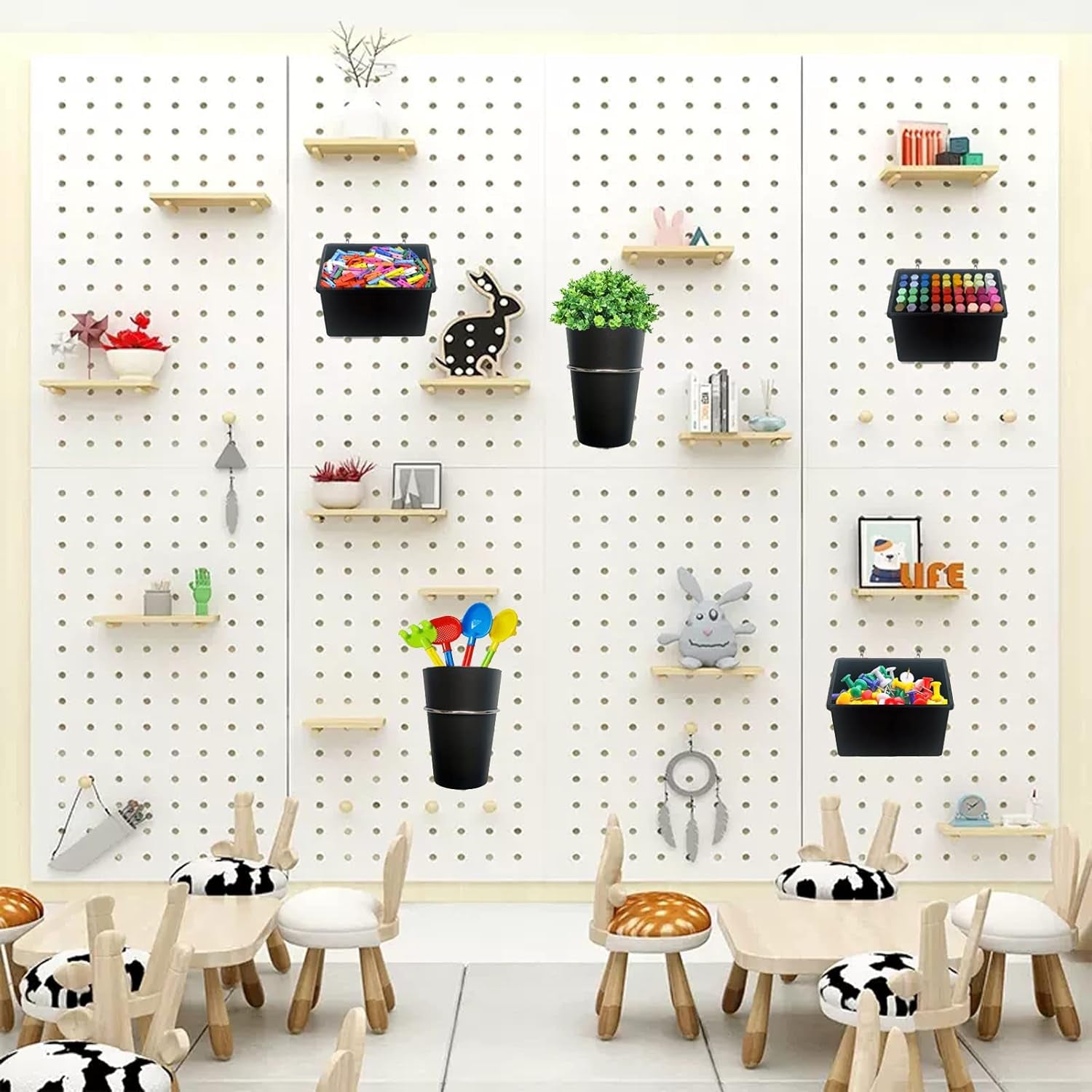 6 Sets Pegboard Bins Peg Board Cups with Hooks & Rings Assortment, Pegboard Hooks Holder for Organizing Various Tools