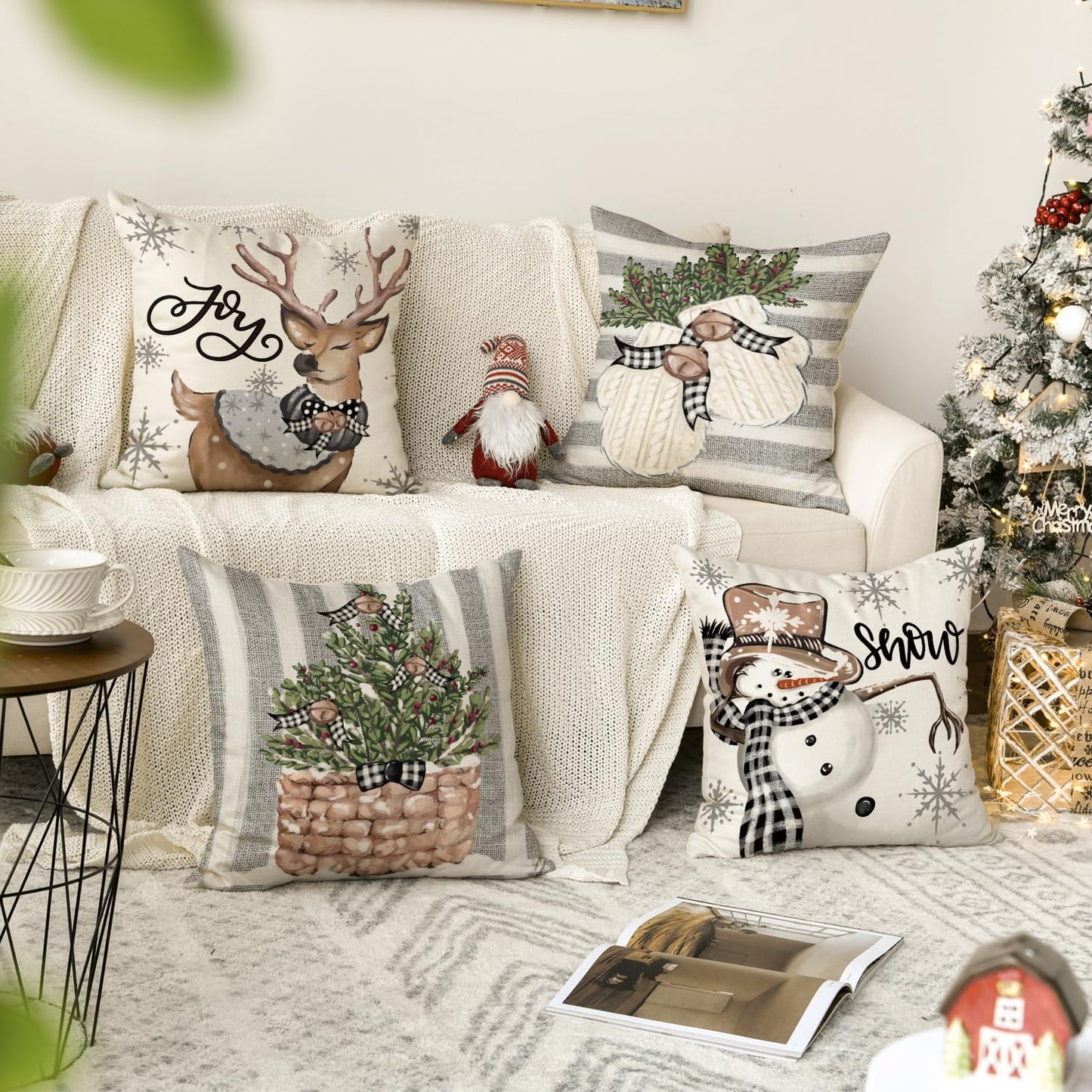 Christmas Snowman Reindeer Gloves Eucalyptus Throw Pillow Covers, 18 X 18 Inch Winter Holiday Stripes Cushion Case Decoration for Sofa Couch Set of 4