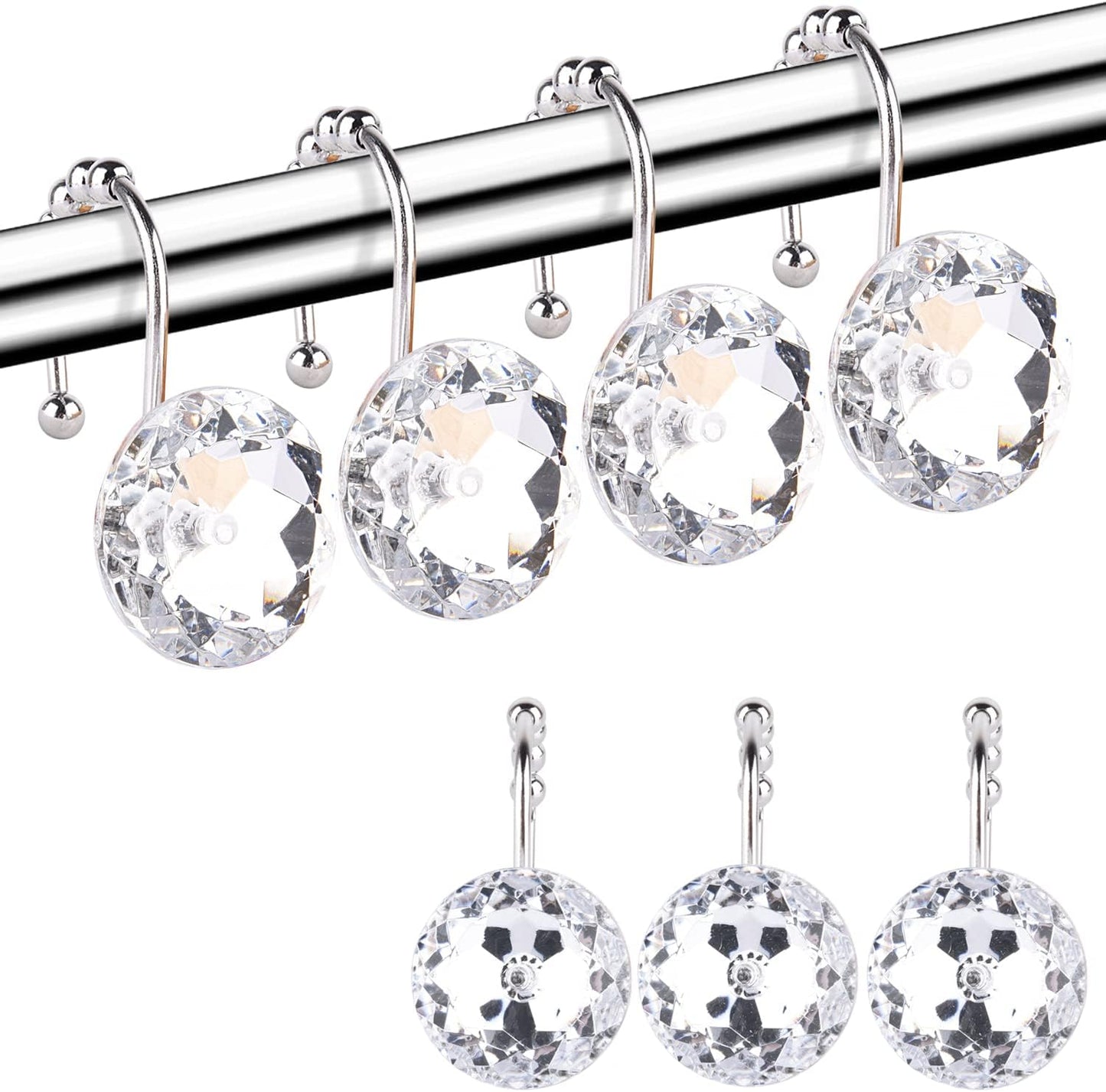 Elegant Crystal-Accented Shower Curtain Hooks - Set of 12 Rust-Proof Stainless Steel Rings with Round Rhinestones for Bathroom Decor (Clear)