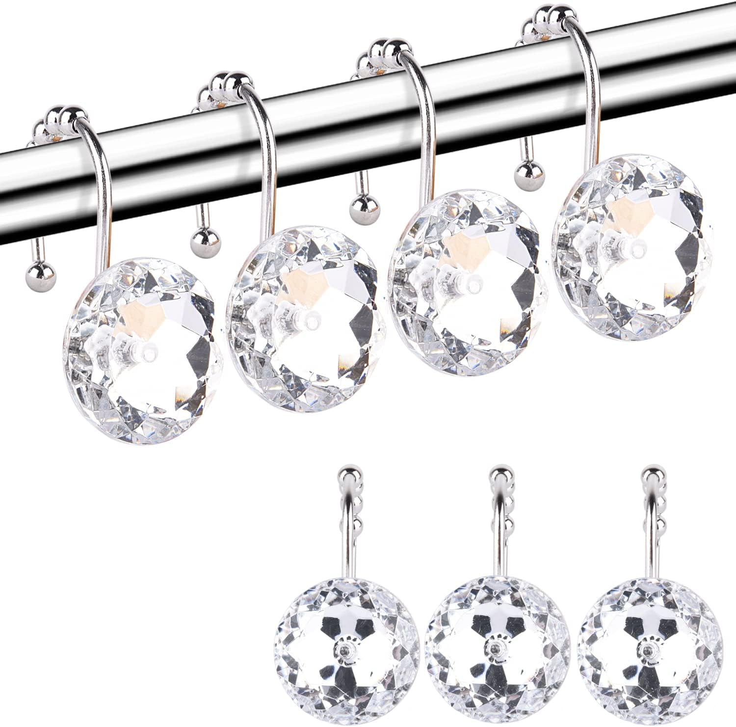 Elegant Crystal-Accented Shower Curtain Hooks - Set of 12 Rust-Proof Stainless Steel Rings with Round Rhinestones for Bathroom Decor (Clear)