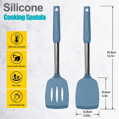 2 Pack Spatulas, Solid & Slotted Silicone Spatula Set, Stainless Steel Handle Coated with Silicone, Non Stick, Heat Resistant Rubber Flipper for Fish, Eggs, Pancakes, WOK, Starry Blue