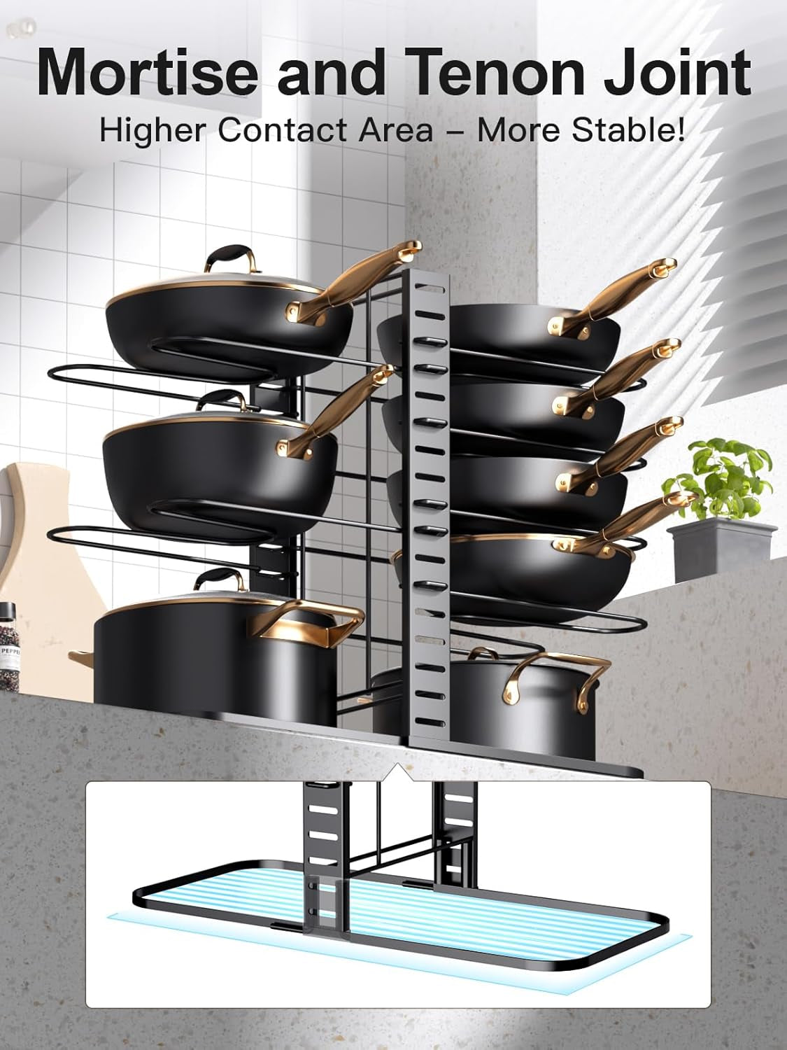 Pots and Pans Organizer : Rack under Cabinet, 8-Tier Kitchen Cabinet Organizers and Storage, Light-Duty Adjustable Pot Racks, Pan Organizers inside Cabinet with 3 DIY Methods