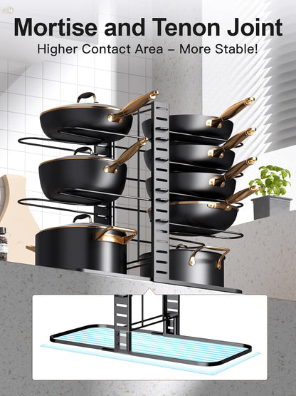 Pots and Pans Organizer : Rack under Cabinet, 8-Tier Kitchen Cabinet Organizers and Storage, Light-Duty Adjustable Pot Racks, Pan Organizers inside Cabinet with 3 DIY Methods