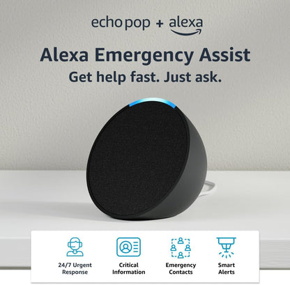 Echo Pop + Alexa Emergency Assist Monthly (Auto-Renewal) | Full Sound Compact Smart Speaker | Charcoal