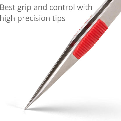 High Precision Heavy-Duty Tweezers with Cushion - 4.7" Craft Tweezers for Sewing, Beading & DIY Crafts - Non-Serrated, Fine Point Tips - Stainless Steel Needle Nose Hobby Tweezers