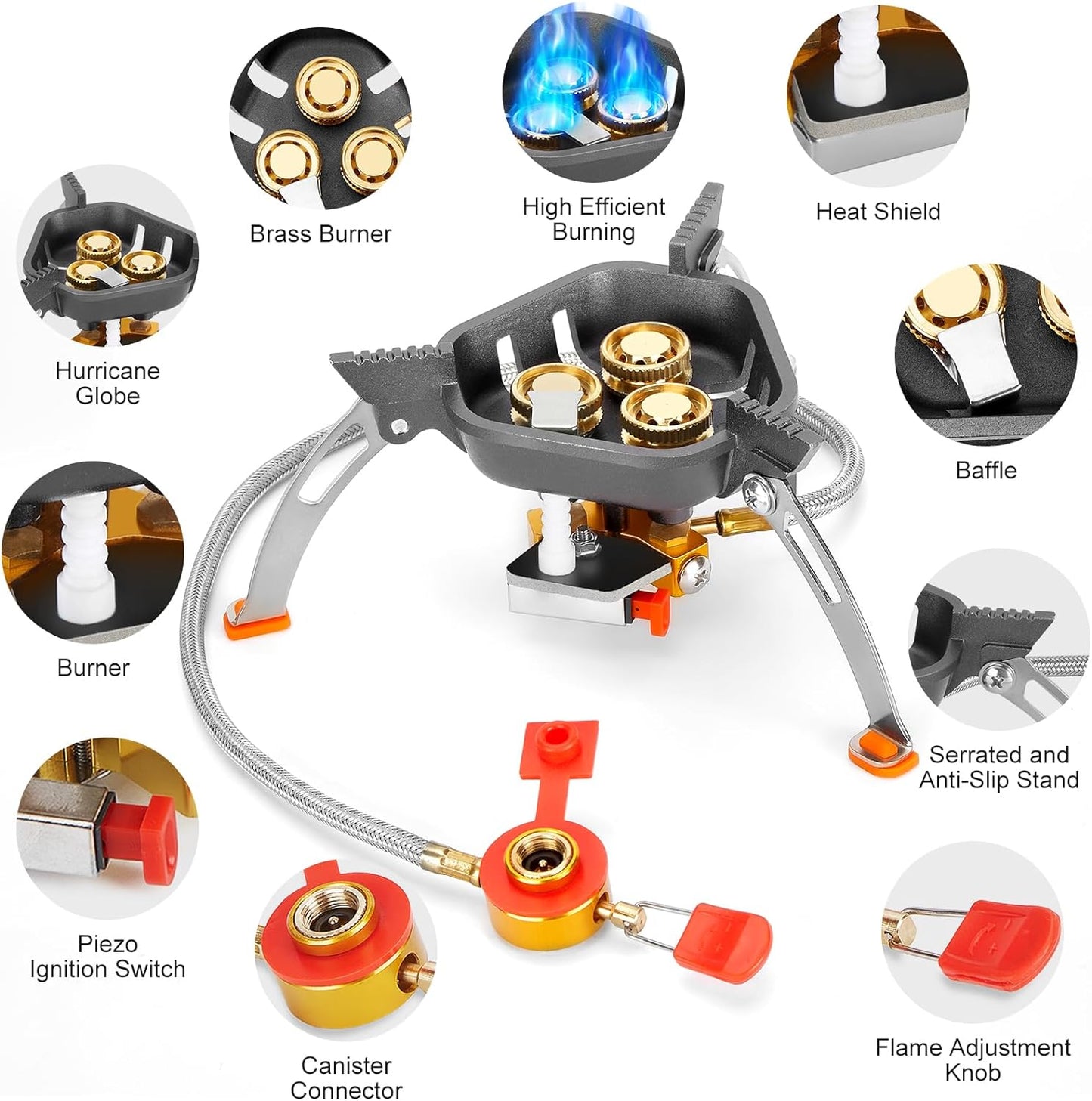 7200W Windproof Camping Gas Stove with Piezo Ignition, Dual Canister Adapter & Carry Case for Backpacking, Hiking & Picnics.