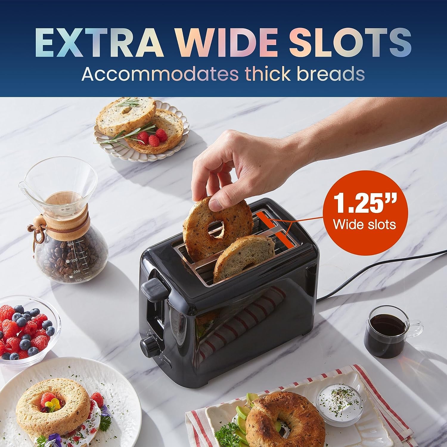 ECT1027B Cool Touch Toaster with 6 Temperature Settings & Extra Wide 1.25" Slots for Bagels, Waffles, Specialty Breads, Puff Pastry, Snacks, ETL Certified, 2 Slices, Black