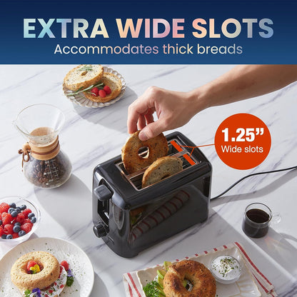 ECT1027B Cool Touch Toaster with 6 Temperature Settings & Extra Wide 1.25" Slots for Bagels, Waffles, Specialty Breads, Puff Pastry, Snacks, ETL Certified, 2 Slices, Black