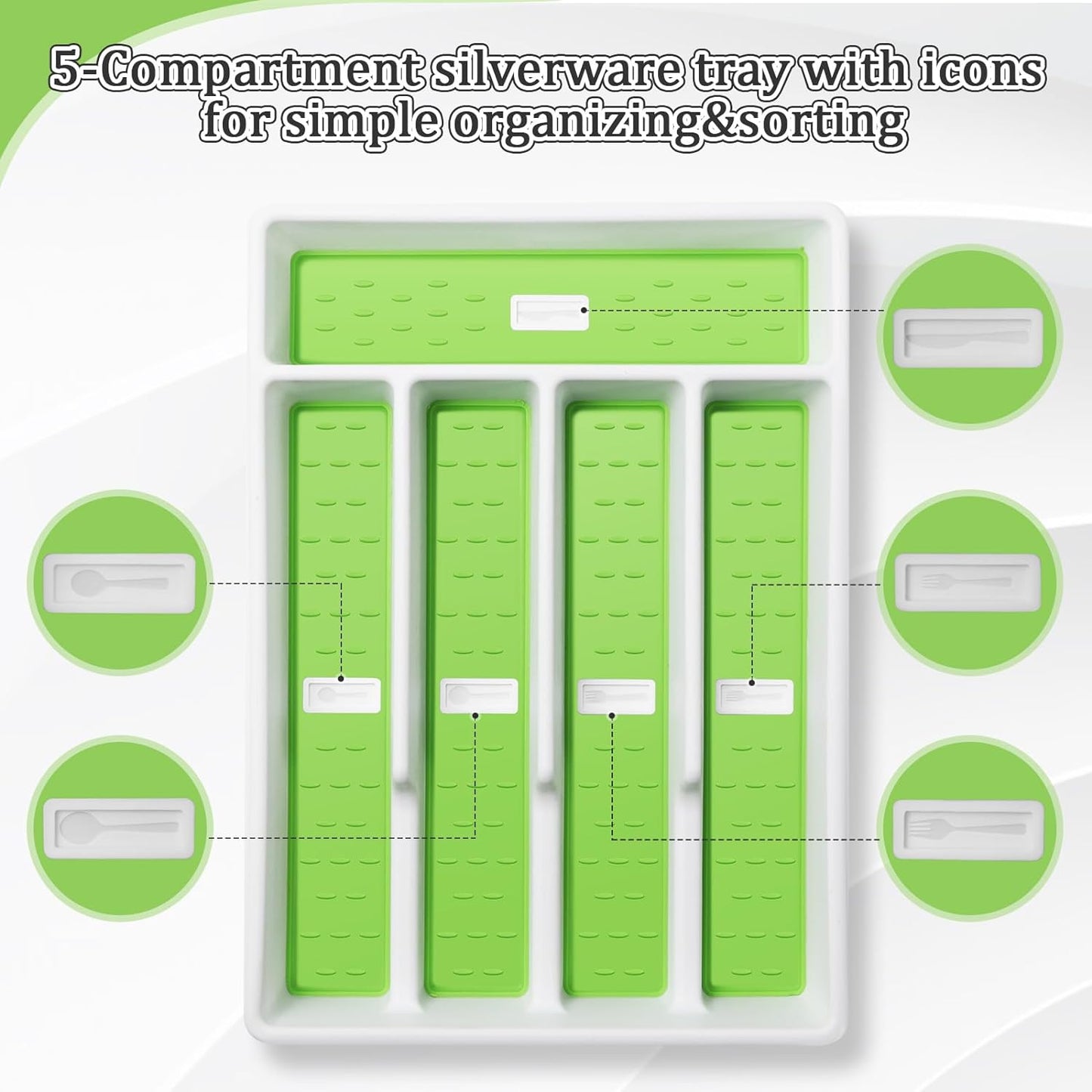 Silverware Organizer with Cutlery Icons，Silverware Tray for Kitchen Drawer，Plastic Flatware Tableware Silverware Drawer Organizer Utensil Organizer with Non-Slip TPR Linings，5-Compartment